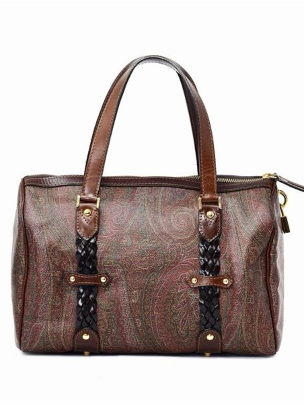 VINTAGE Etro Brown Paisley Satchel Handbag with Leather Trim